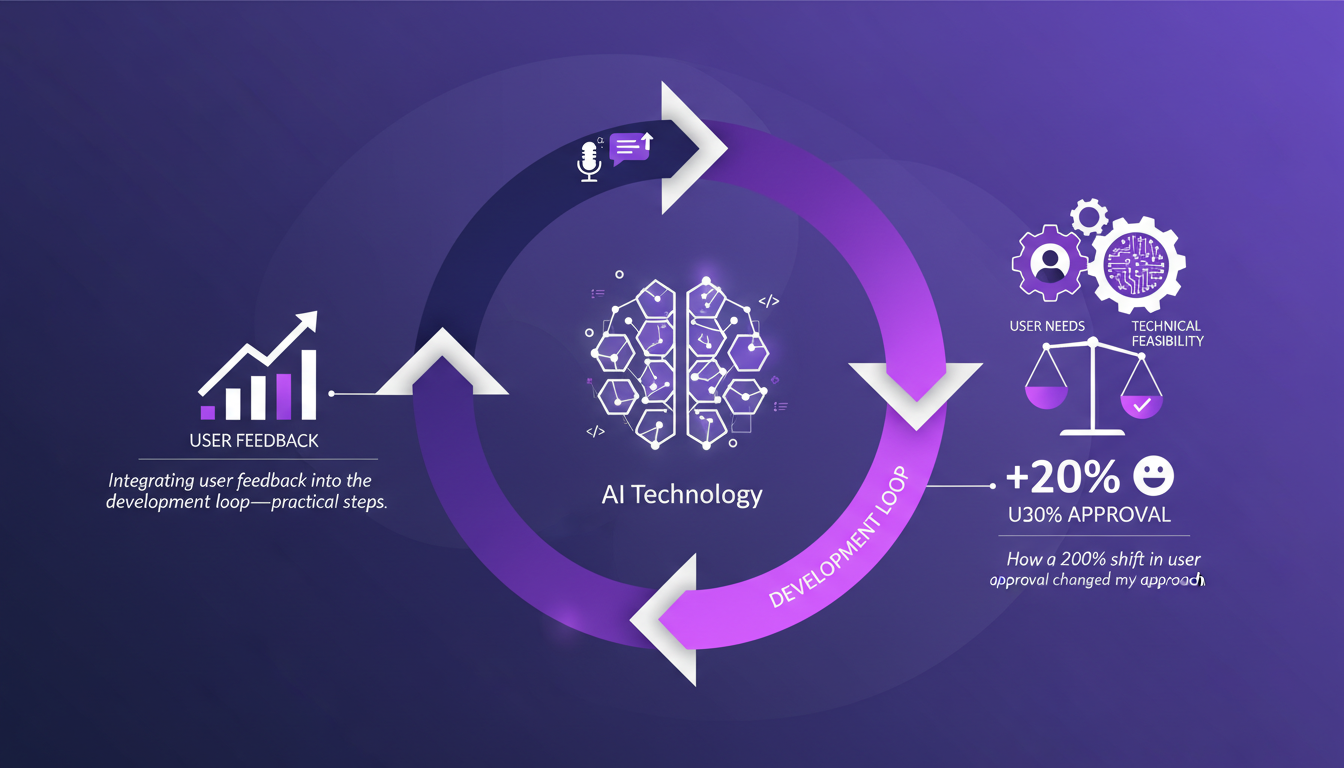 Illustration moderne de l'intégration des commentaires utilisateurs dans le développement, avec formes géométriques et dégradés indigo et violet.