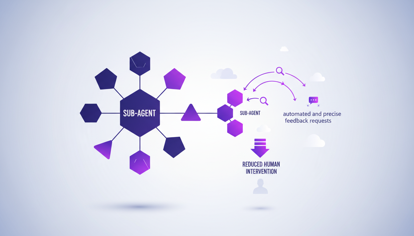 Modern illustration depicting the role of sub-agents in feedback, featuring geometric shapes and violet gradients, highlighting AI's impact.