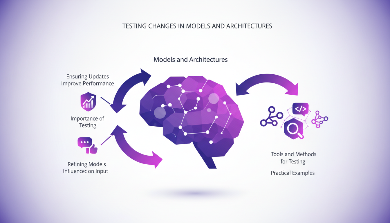 Modern illustration of testing changes in AI models and architectures, featuring geometric shapes and indigo-violet gradients.