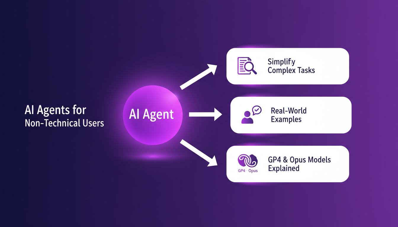Illustration moderne d'agents IA pour utilisateurs non techniques, avec formes géométriques et dégradés, couleurs indigo et violet.
