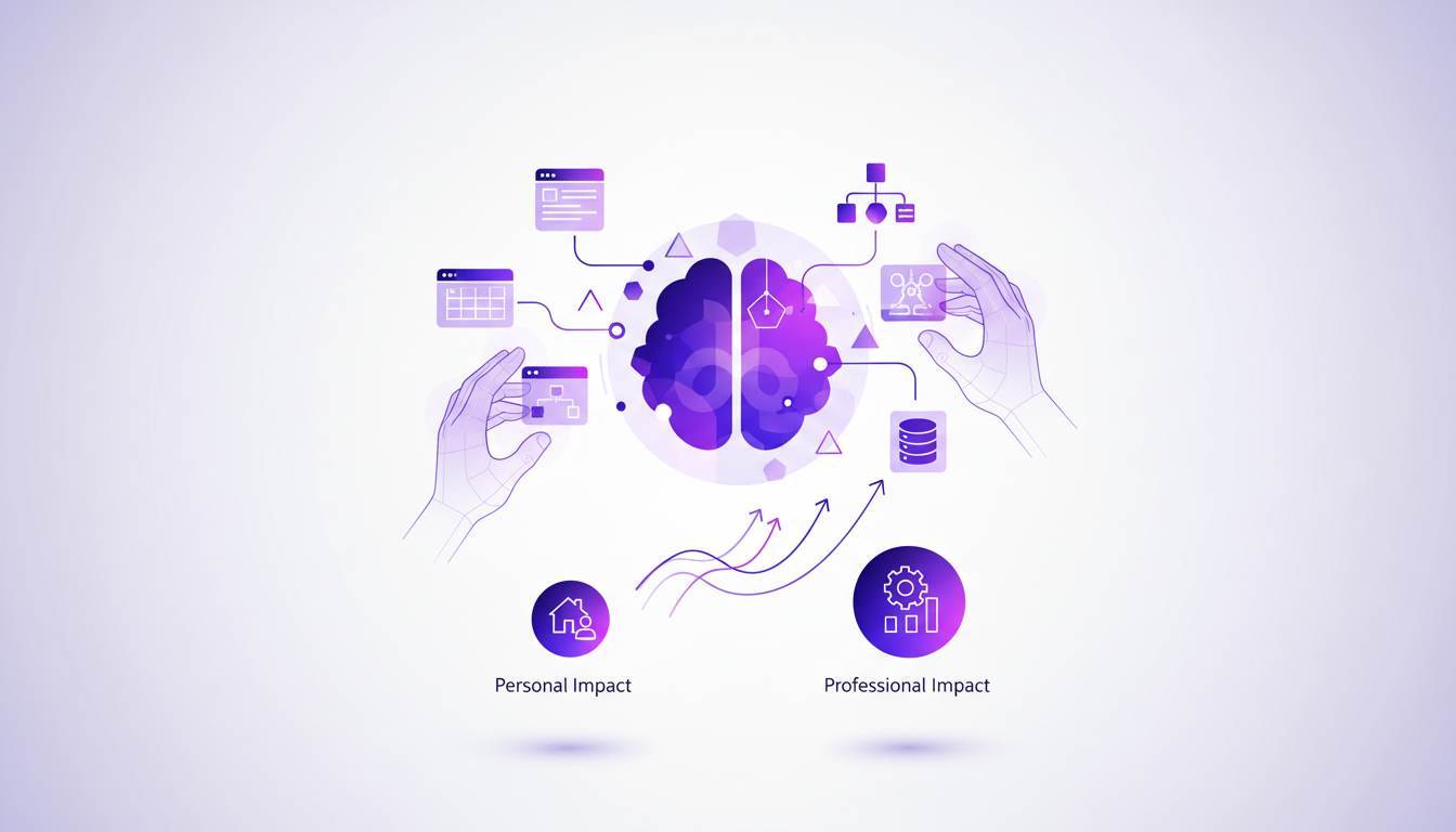 Illustration moderne de l'autonomisation des utilisateurs avec des logiciels personnels, utilisant des formes géométriques et des dégradés subtils.