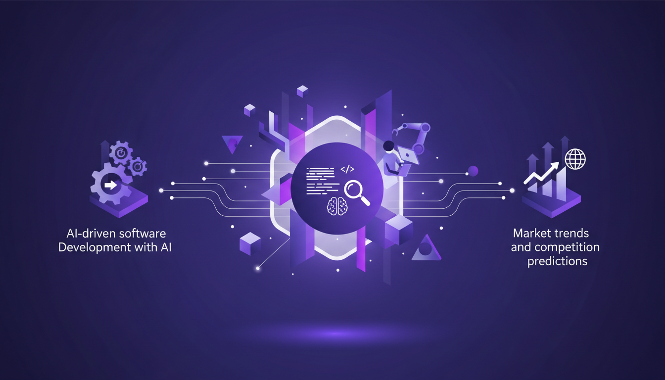 Illustration moderne du futur du développement logiciel avec IA, utilisant des formes géométriques et des dégradés en indigo et violet.