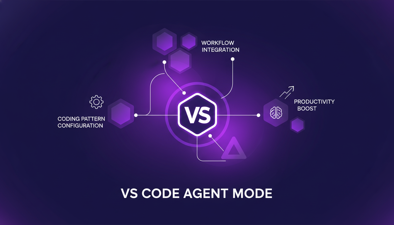 Illustration moderne minimaliste du Mode Agent de VS Code, intégration fluide dans le flux de travail, amélioration de la productivité.