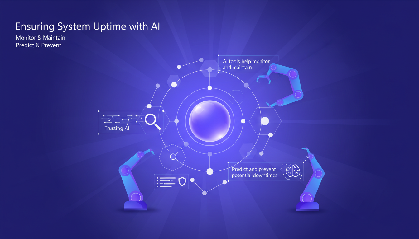 Illustration moderne montrant l'IA assurant le temps de fonctionnement du système avec des outils de surveillance, utilisant des couleurs indigo et violet.