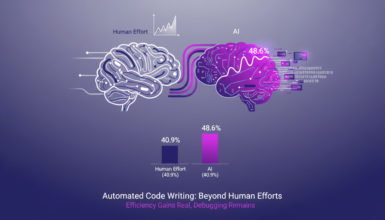 Modern illustration of AI writing code, outperforming human efforts, featuring geometric shapes and violet gradients.