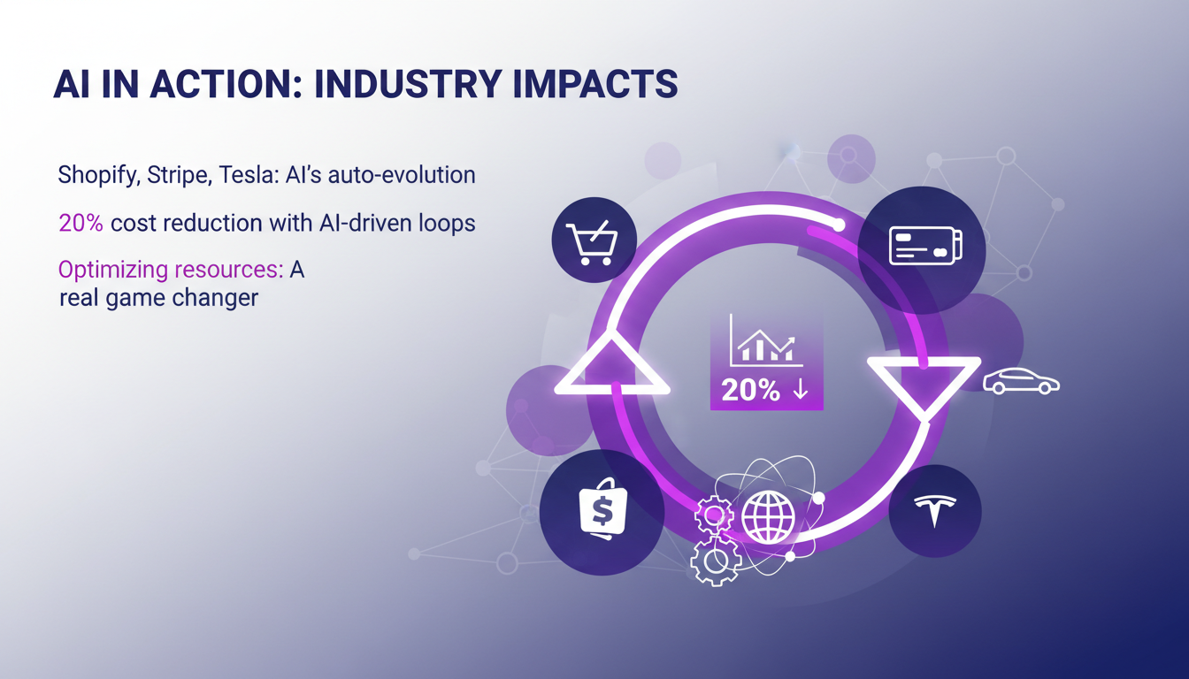 Modern illustration of AI's industry impact with Shopify, Stripe, and Tesla, highlighting resource optimization and cost reduction benefits.