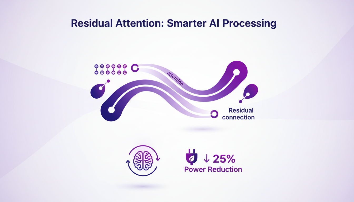 Modern illustration of residual attention in AI models, combining attention mechanisms and residual connections, violet color palette.