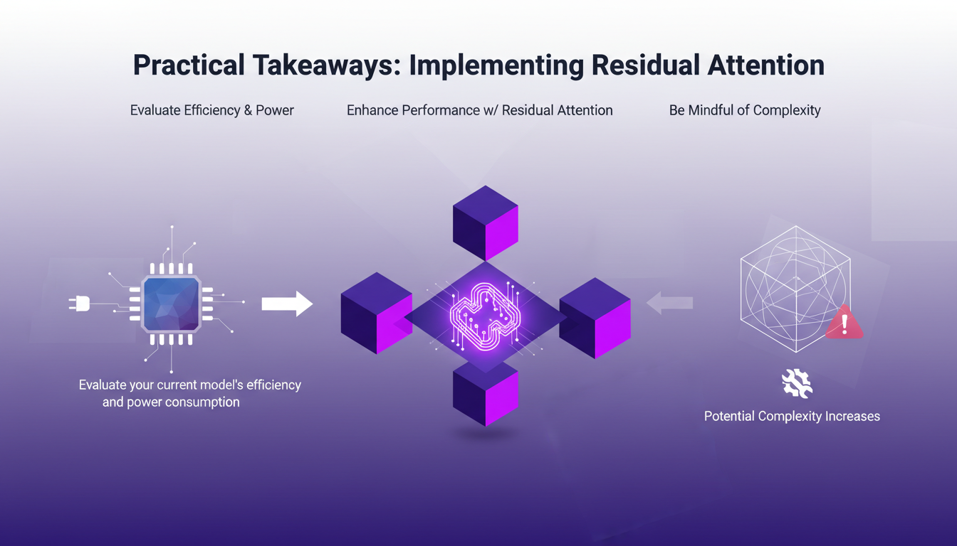 Modern illustration on implementing residual attention in AI, featuring geometric shapes and indigo-violet gradients.