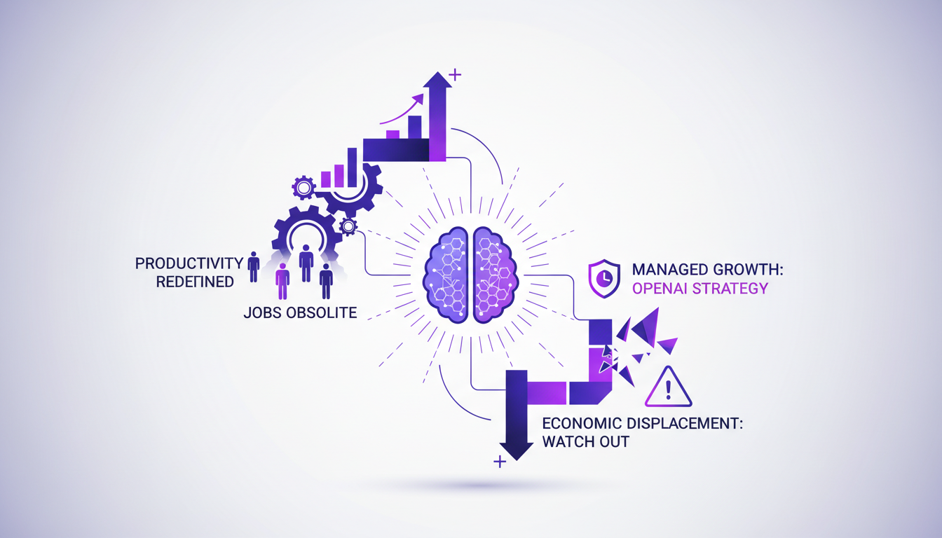 Modern illustration of AI's impact on employment and productivity with geometric shapes and violet gradients, symbolizing innovation.