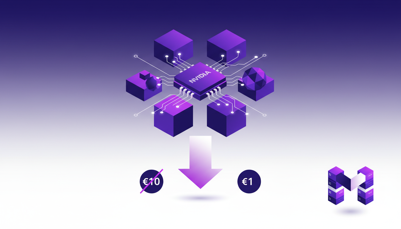 Modern illustration of AI hardware advancements featuring Nvidia's architecture, reduced AI calculation costs, and Meta's strategic investment.