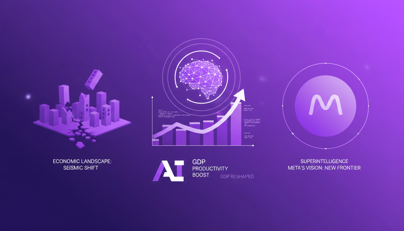 Modern illustration of AI advancements' economic implications with geometric shapes and indigo, violet gradients.