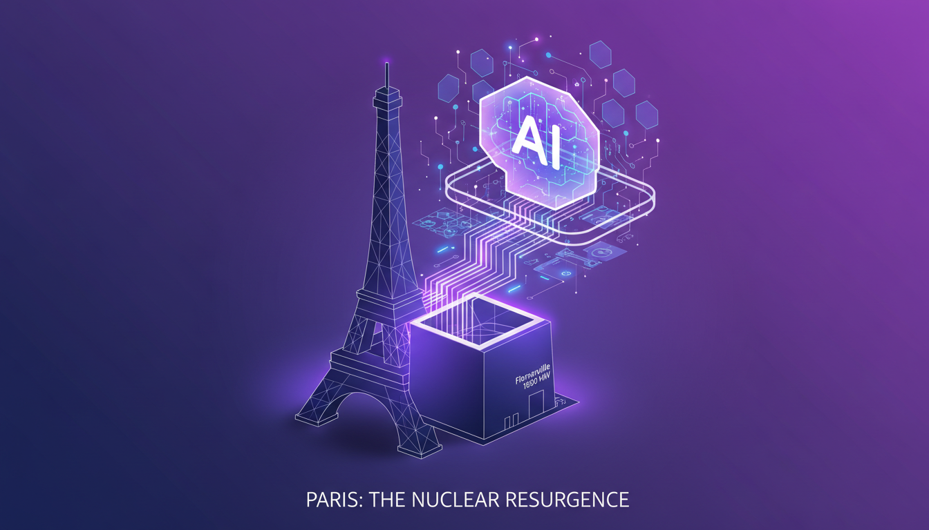 Modern illustration of nuclear energy resurgence in Paris, highlighting Flamanville and tech innovation, with geometric shapes and gradients.