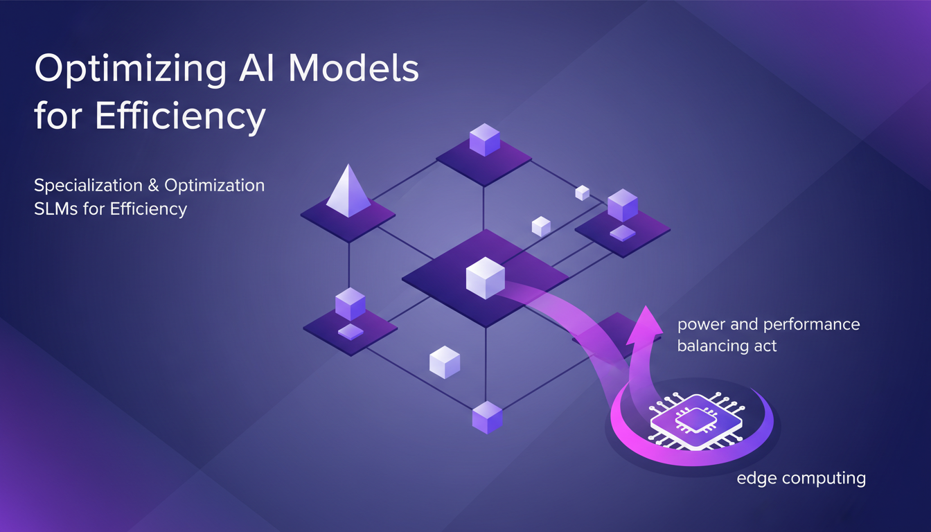 Modern minimalist illustration of optimizing AI models for efficiency, featuring geometric shapes and violet gradients.