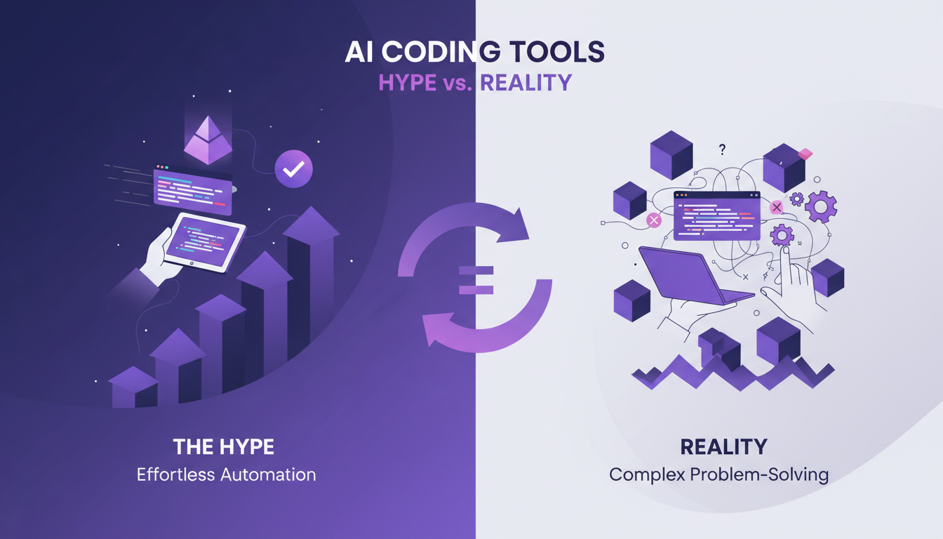 Modern illustration of AI coding tools hype vs. reality, featuring geometric shapes and gradients, in indigo and violet color palette.