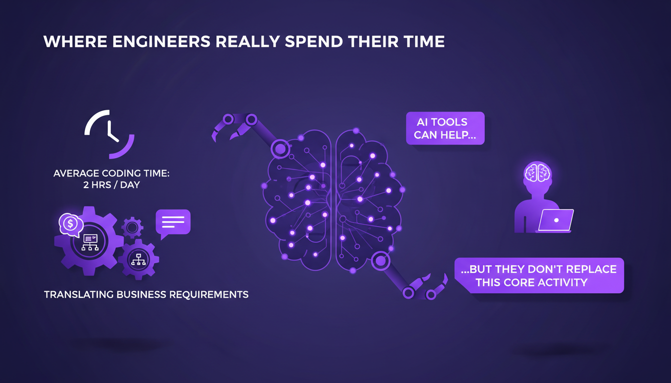 Modern minimalist illustration depicting where engineers spend time, featuring geometric shapes and indigo-violet color palette.