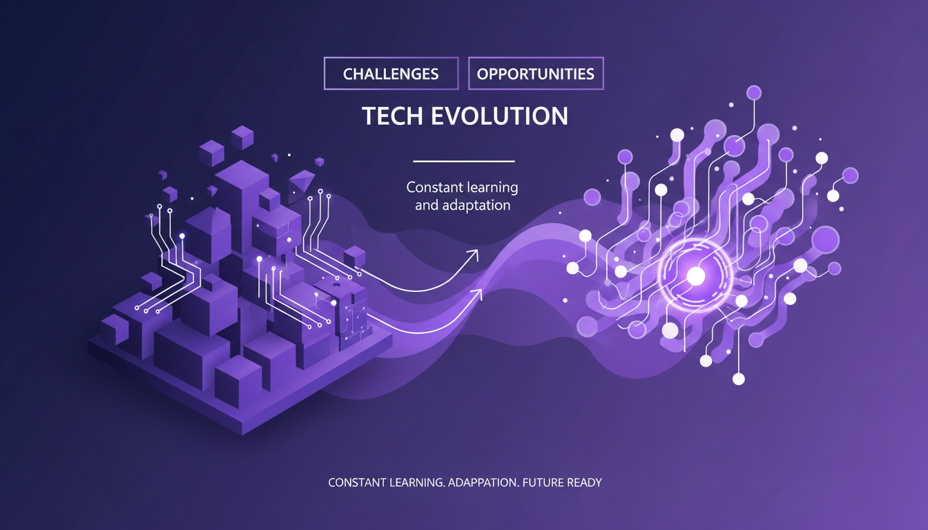 Modern illustration of tech evolution challenges and opportunities with geometric shapes, indigo and violet gradients.