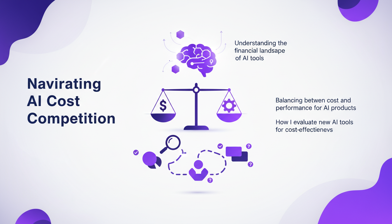 Modern illustration of AI cost competition, highlighting cost-performance balance with geometric shapes and gradient overlays.