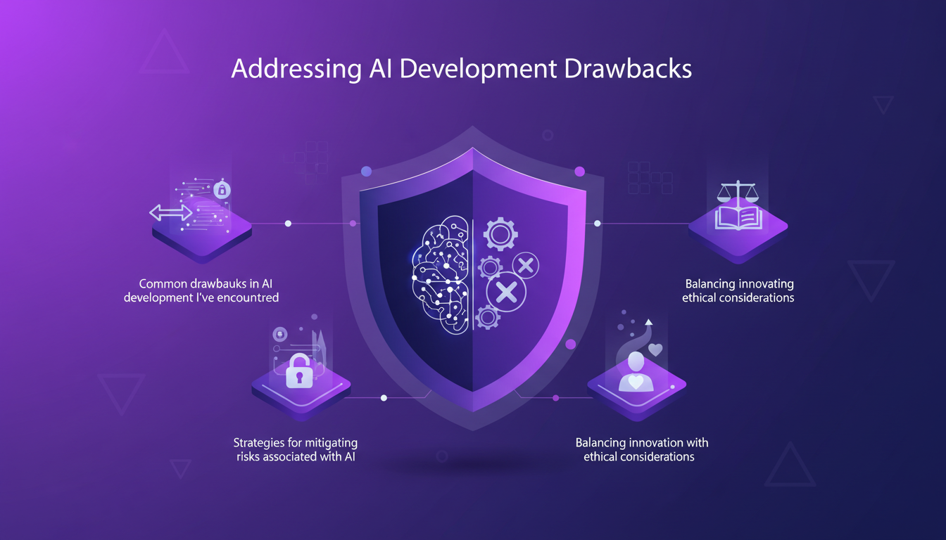 Modern minimalist illustration addressing AI development drawbacks, featuring geometric shapes and indigo-violet gradients.