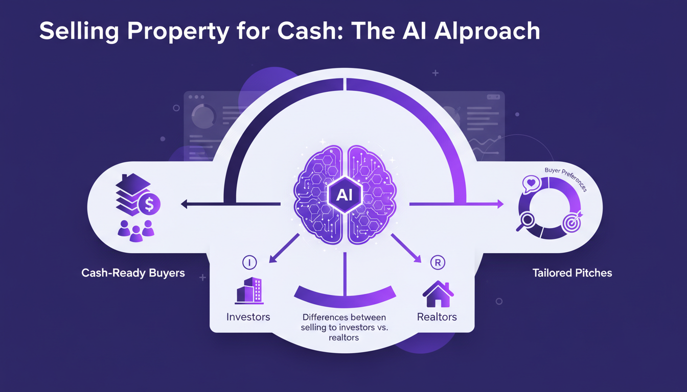 Modern illustration of selling property for cash with AI approach, depicting AI identifying cash-ready buyers and tailoring preferences.