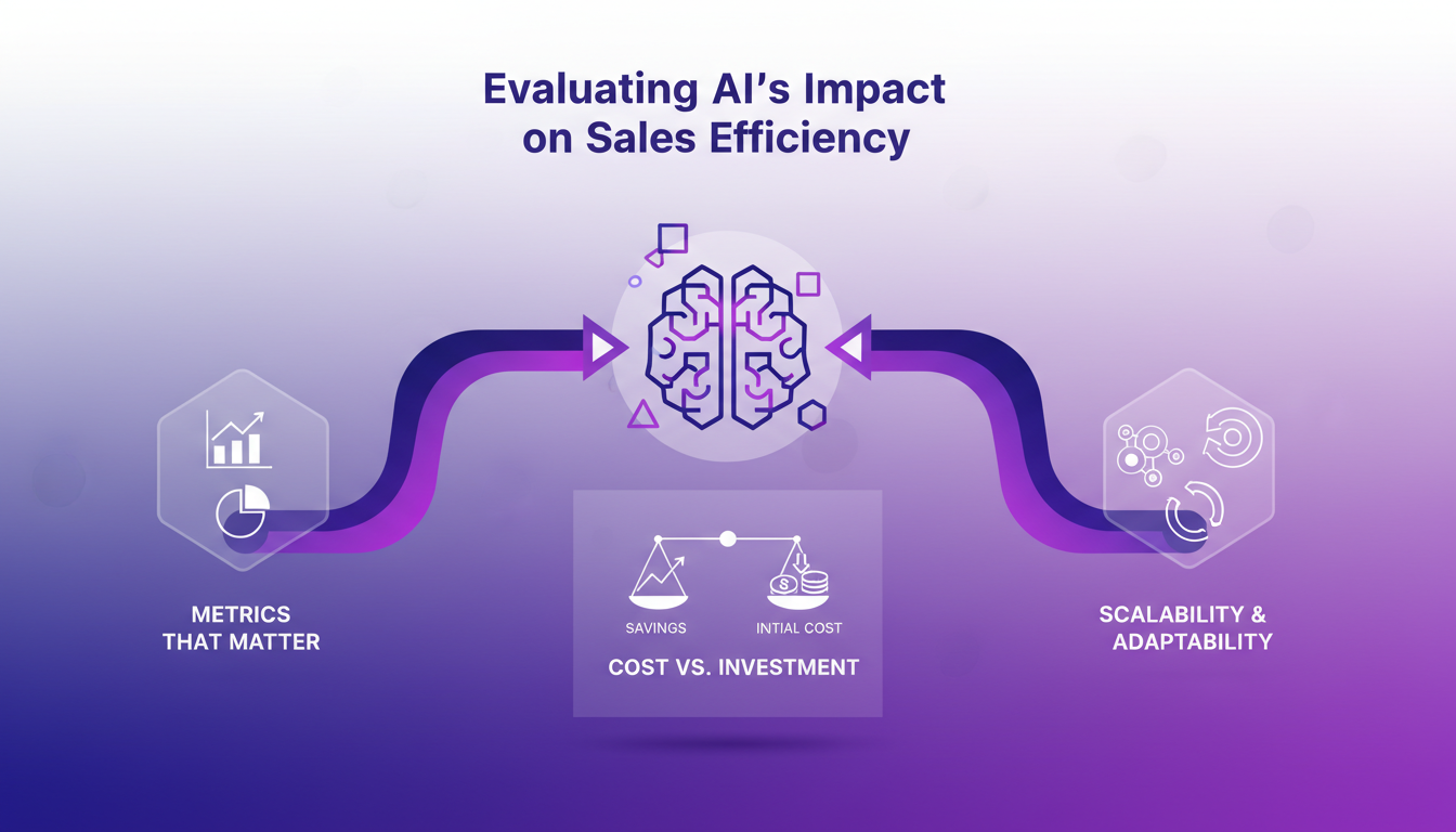 Modern illustration of AI's impact on sales efficiency, featuring geometric shapes and violet gradients, highlighting metrics and scalability.