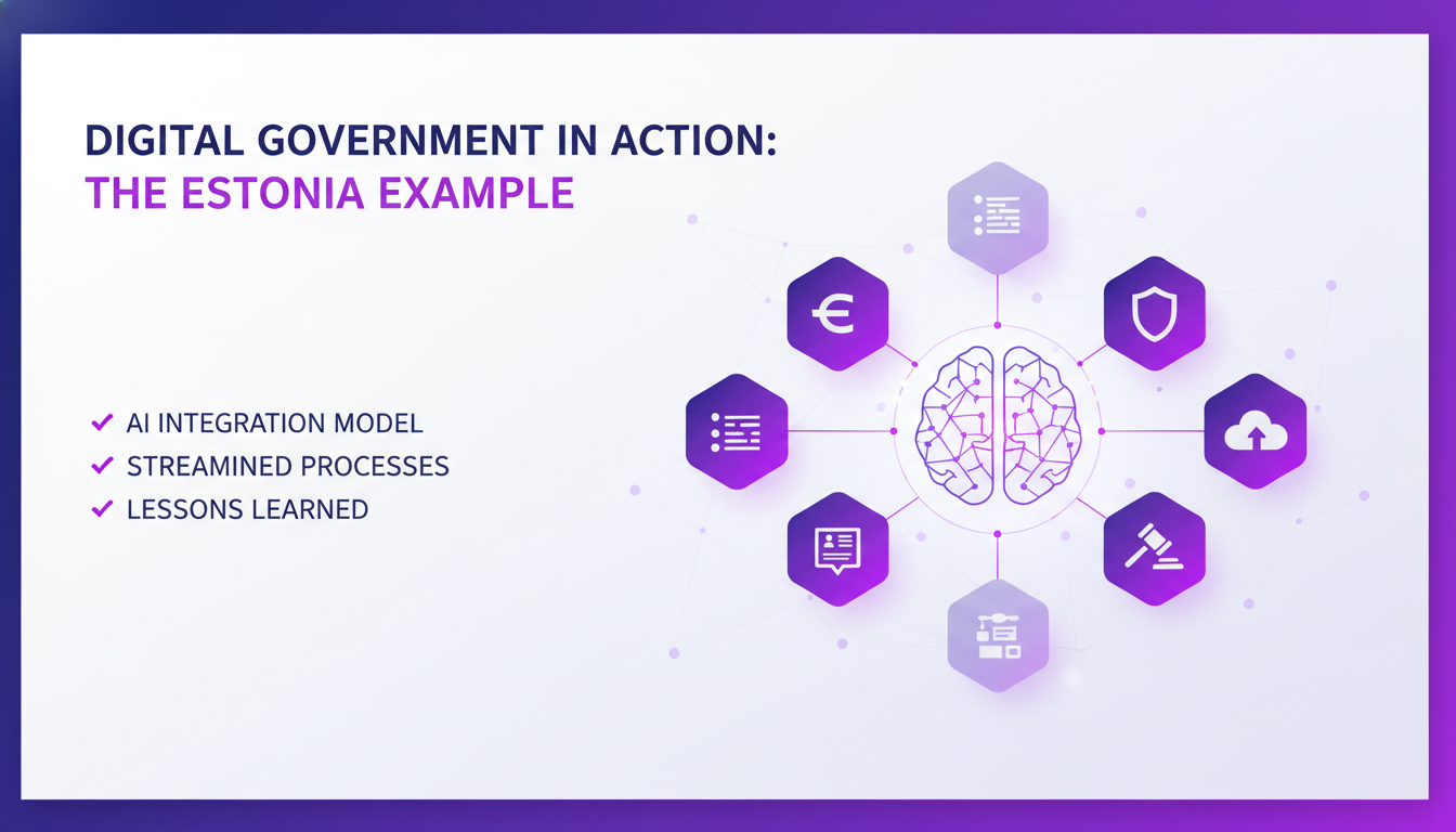 Modern illustration of Estonia's digital government, AI integration, streamlined processes, minimalist style, indigo and violet palette.
