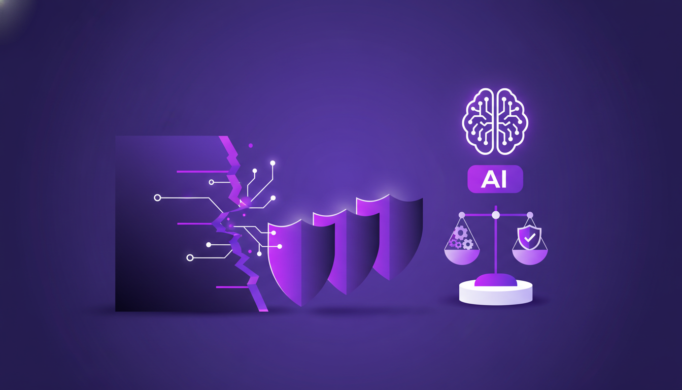 Modern illustration overcoming AI adoption challenges in government with geometric shapes and violet gradients, highlighting trust and innovation.