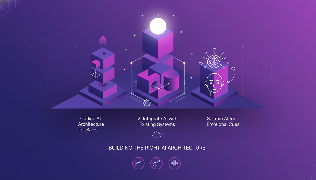 Modern illustration of AI architecture for sales, system integration, emotional cue recognition, in indigo and violet tones.