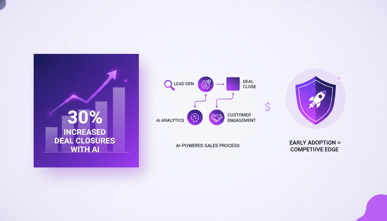 Modern illustration of AI integration in sales, boosting deal closures, featuring geometric shapes and gradients in deep indigo and violet.