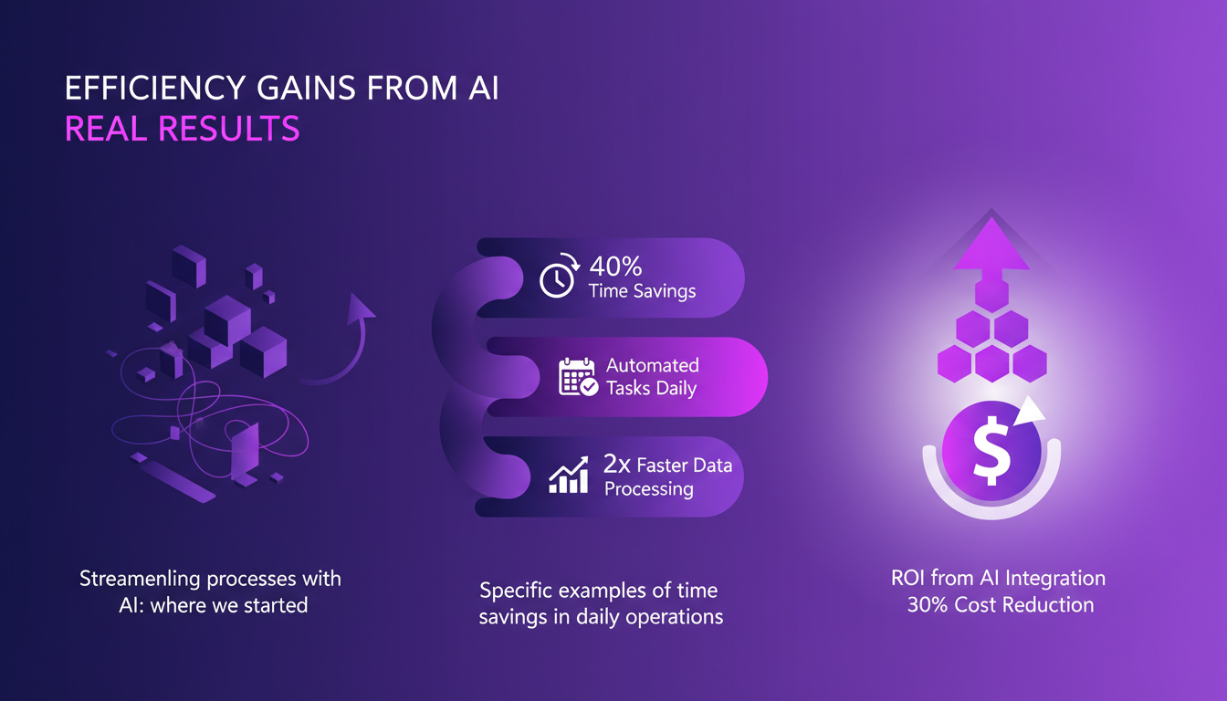 Modern illustration of AI efficiency gains, featuring geometric shapes and violet gradients, symbolizing innovation and streamlining.