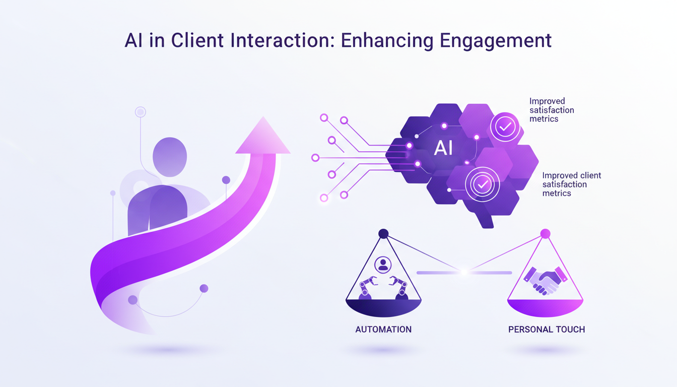 Modern illustration of AI enhancing client engagement with geometric shapes and indigo, violet colors.