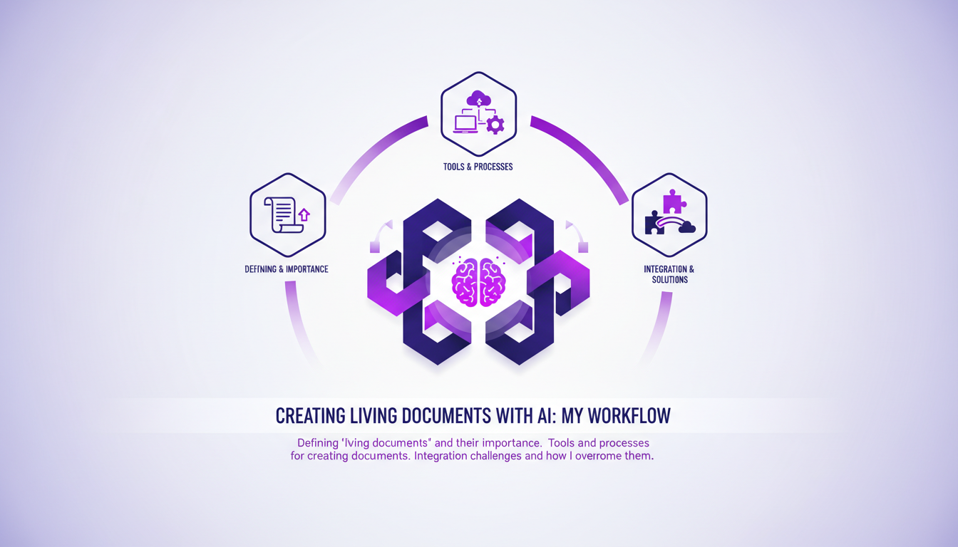 Modern illustration of AI-created living documents, featuring geometric shapes and violet gradients, highlighting dynamic document tools.