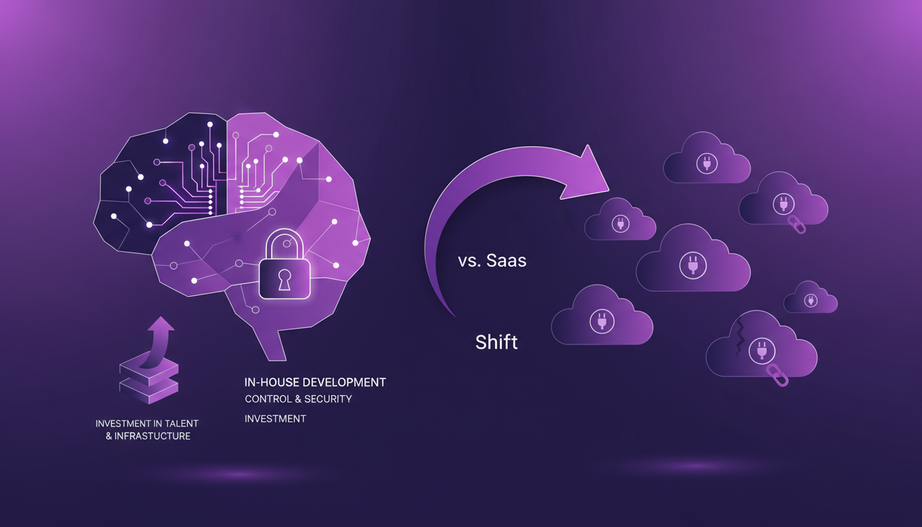 Modern illustration comparing in-house development vs. SaaS, highlighting control and security with violet tones.