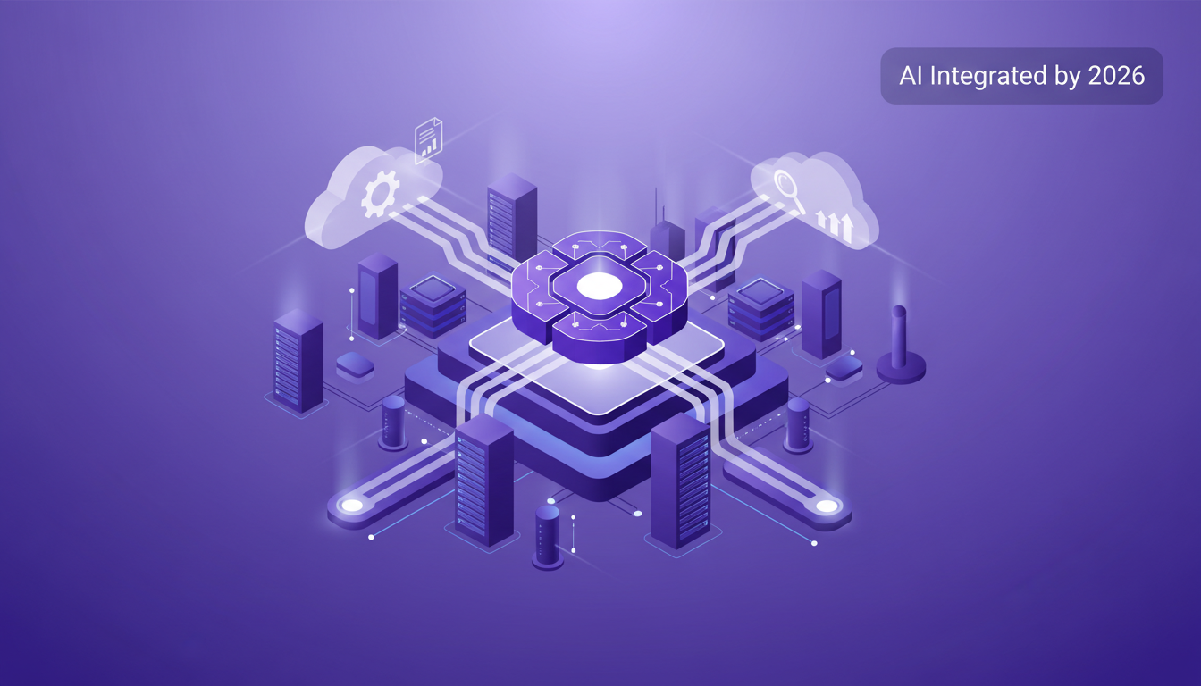 Modern illustration of AI models and infrastructure future, geometric shapes, indigo and violet colors, advanced technology.