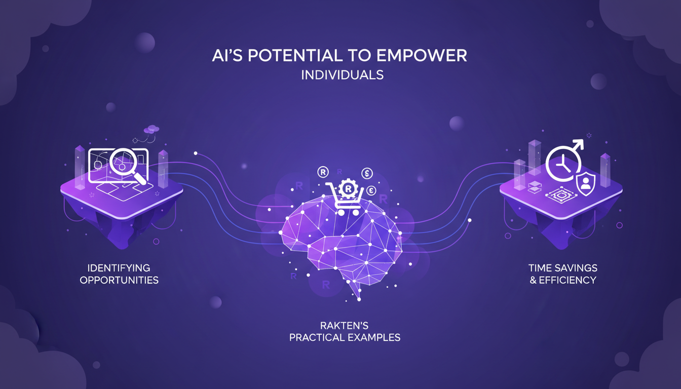 Modern illustration depicting AI's potential to empower individuals with geometric shapes and violet gradients, highlighting efficiency.