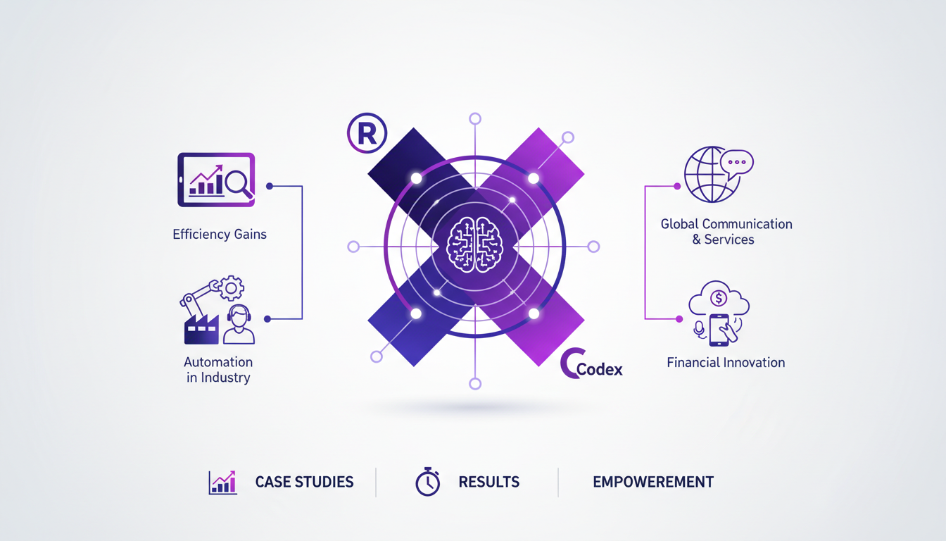 Modern minimalist illustration depicting technological empowerment by Rakuten and Codex, featuring geometric shapes and violet gradients.