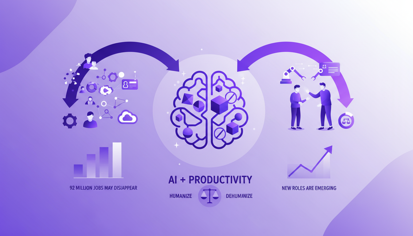 Illustration moderne montrant l'impact de l'IA sur les emplois avec formes géométriques et dégradés indigo, soulignant l'innovation et la productivité