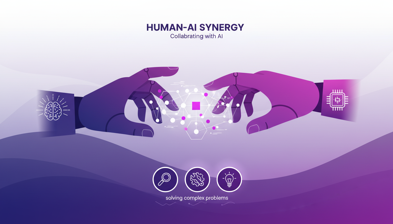 Illustration moderne de la synergie humain-IA avec formes géométriques, symbolisant la collaboration pour des solutions innovantes