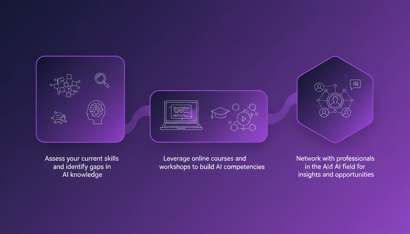Illustration moderne et minimaliste sur les étapes pratiques pour adopter l'IA, avec formes géométriques et dégradés violets