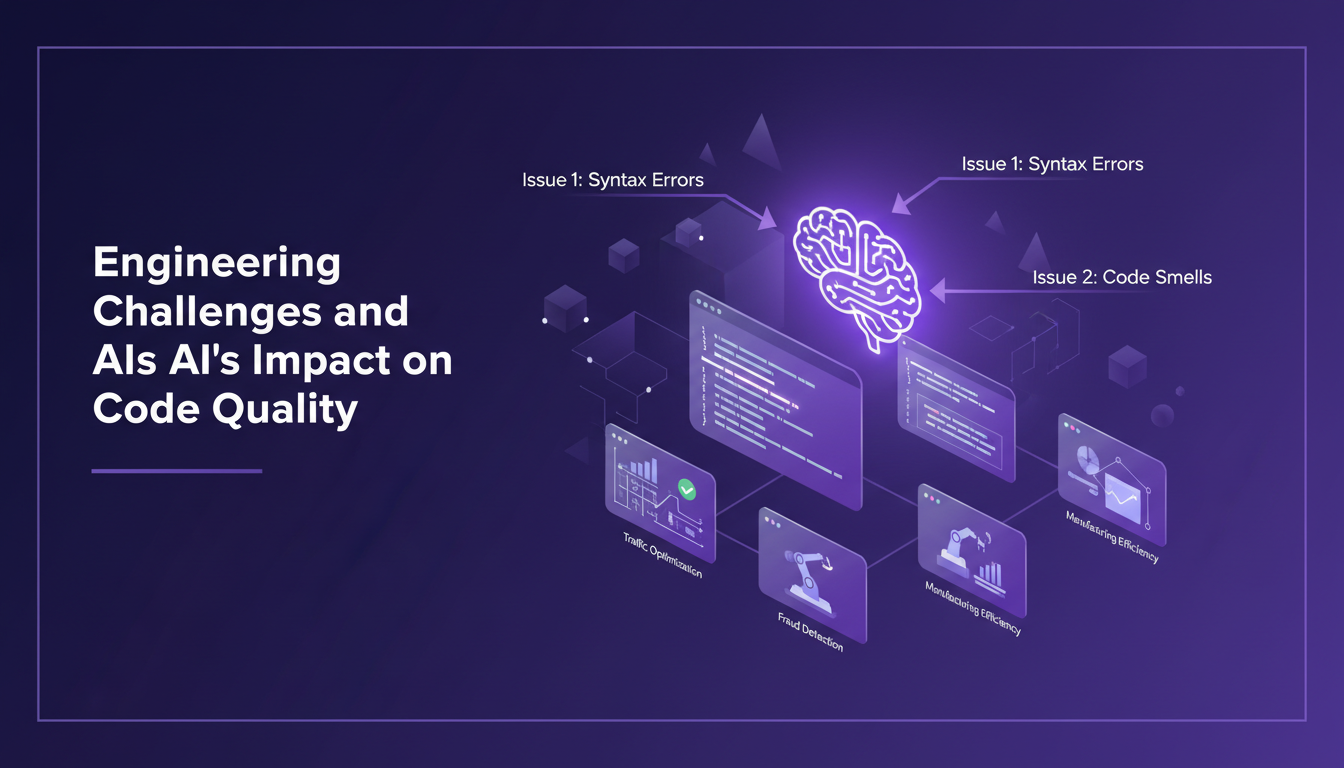 Illustration moderne sur les défis d'ingénierie et l'impact de l'IA sur la qualité du code, utilisant des formes géométriques et des dégradés.