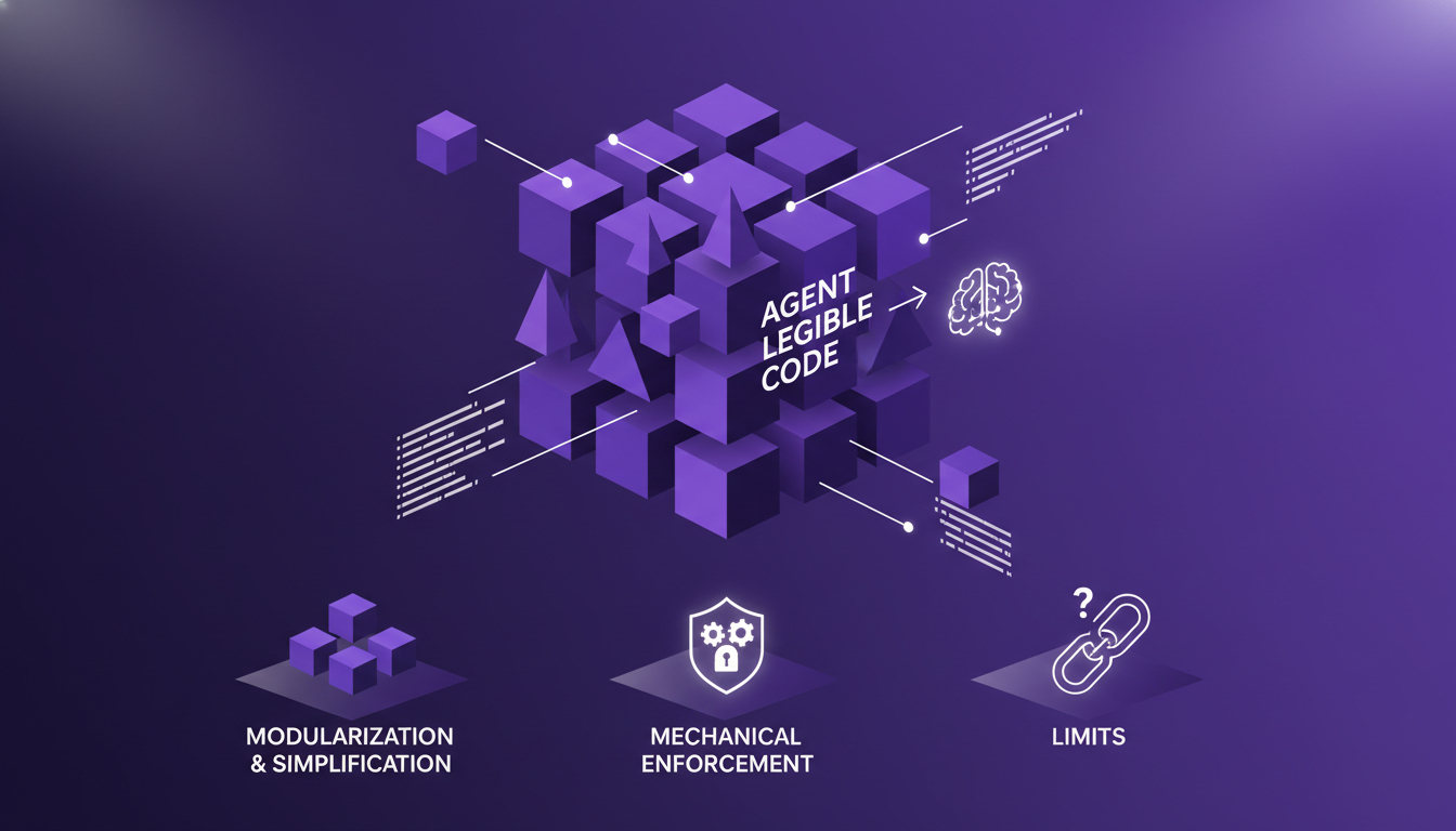 Illustration moderne de bases de code lisibles par agents, avec formes géométriques et dégradés indigo et violet, symbolisant technologie IA.