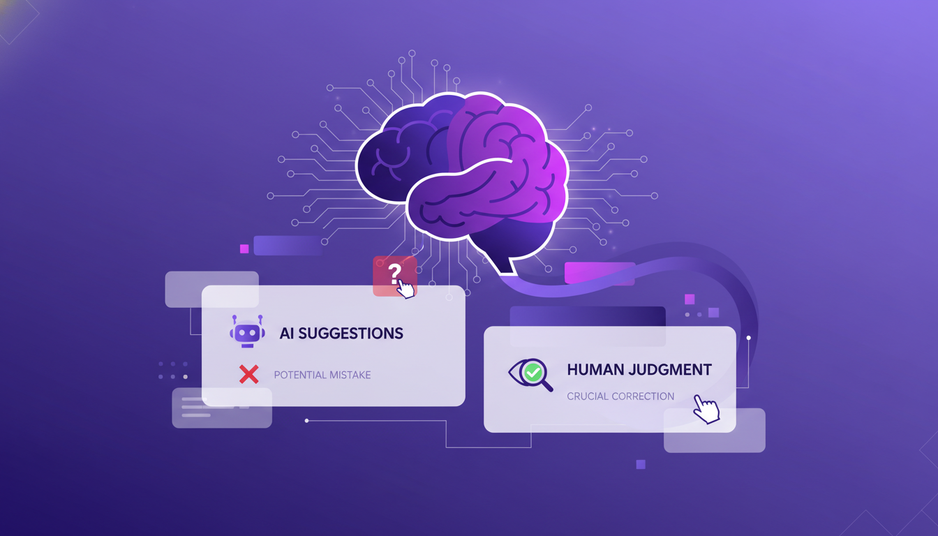 Illustration moderne sur le rôle du jugement humain dans les revues de code, intégrant des formes géométriques et des couleurs indigo et violettes.