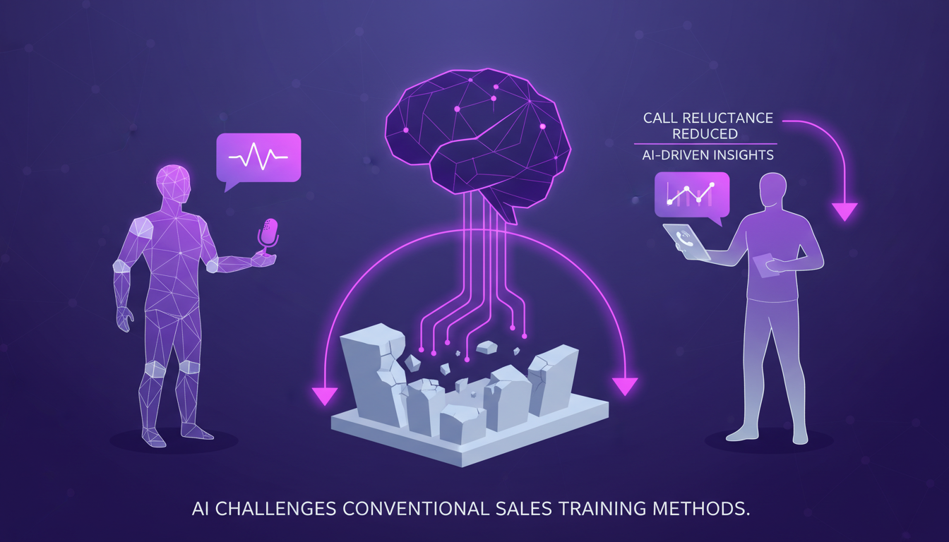 Modern illustration of AI's threat to sales training, featuring geometric shapes and indigo-violet hues, symbolizing innovation.