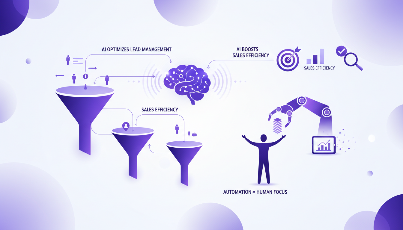 Modern illustration of AI optimizing lead management and sales efficiency, featuring geometric shapes and gradient overlays.