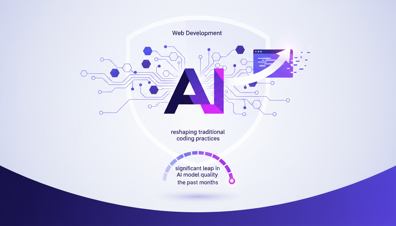 Illustration moderne de l'impact de l'IA sur le développement web, montrant des formes géométriques avec des dégradés indigo et violet.