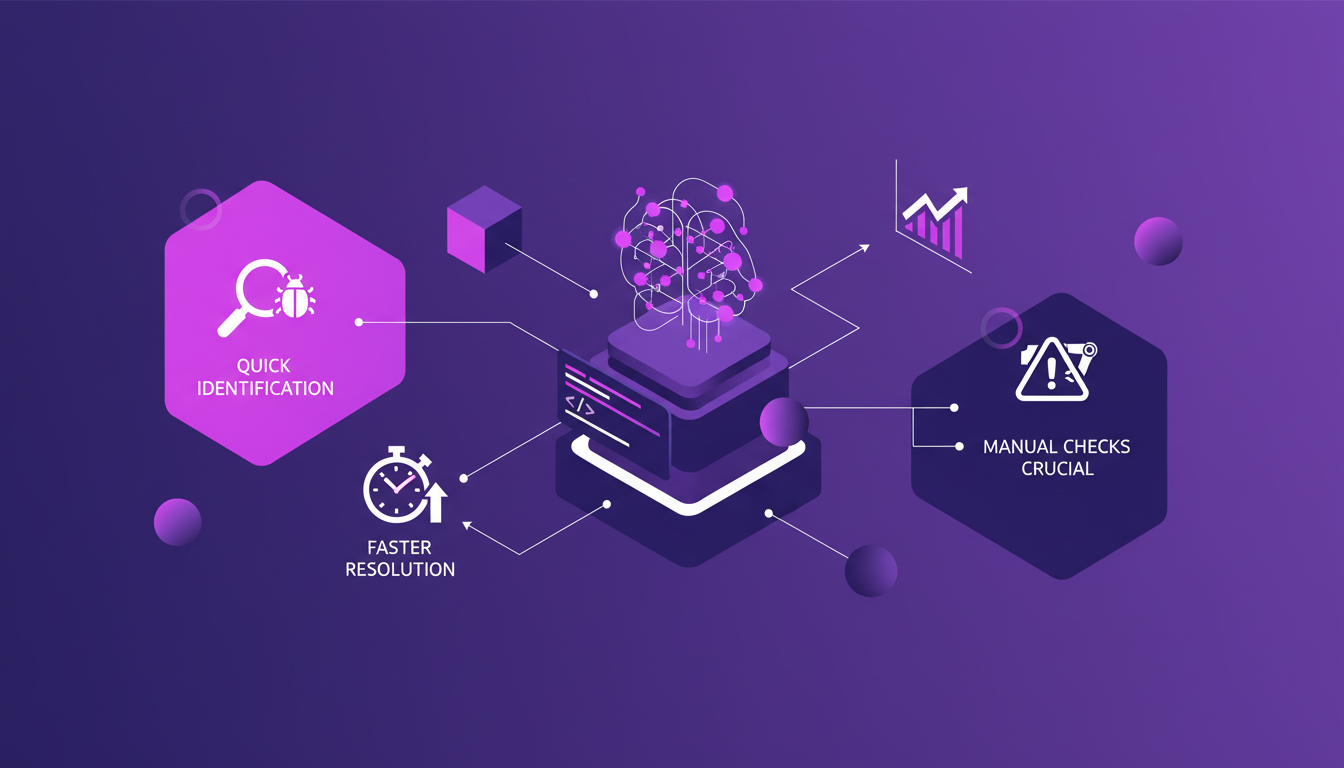 Illustration moderne d'outils AI pour le débogage et l'optimisation, avec formes géométriques et gradients indigo et violet.