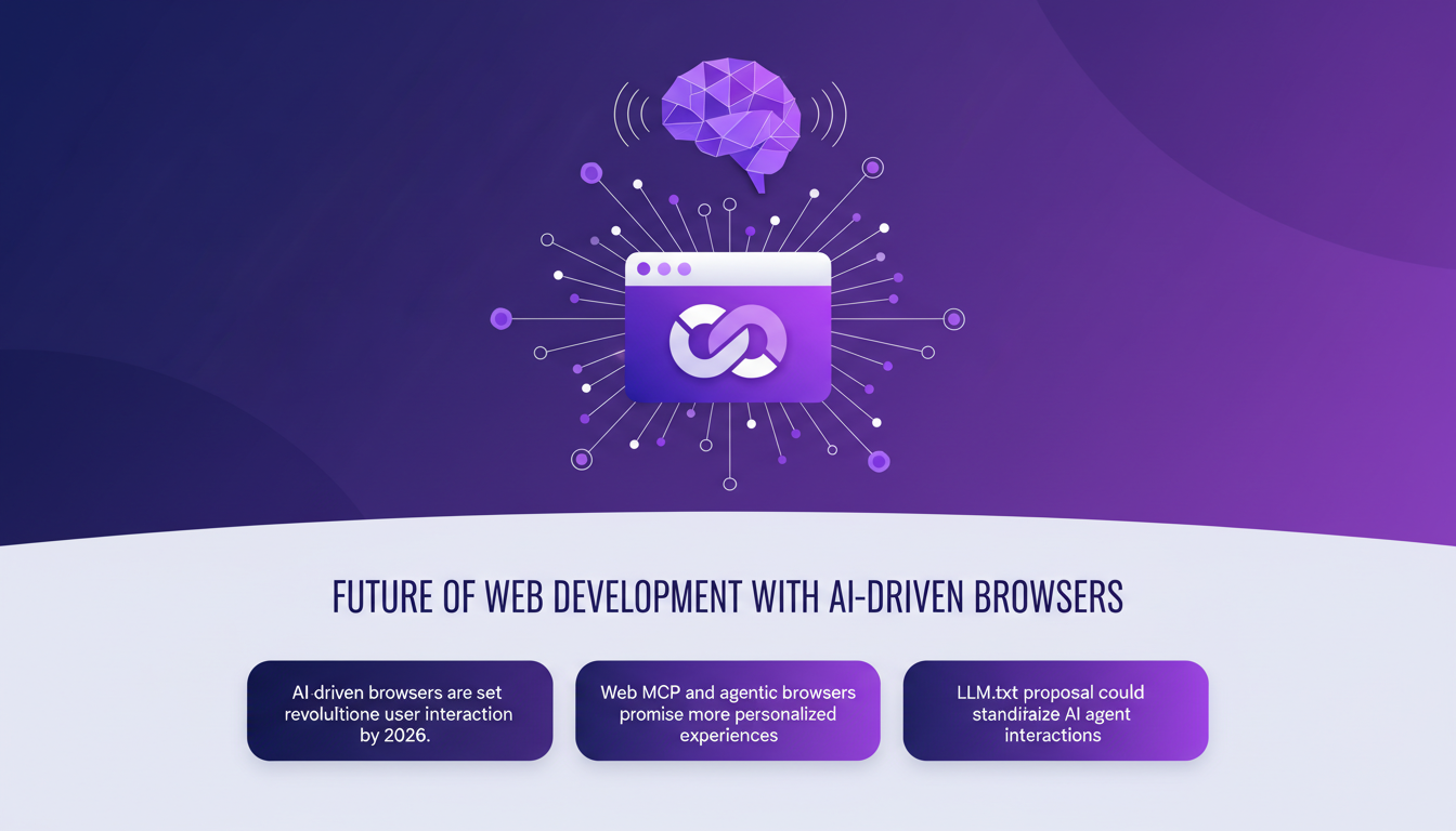 Illustration moderne de navigateurs IA révolutionnant le développement web d'ici 2026, avec des formes géométriques et dégradés violets.