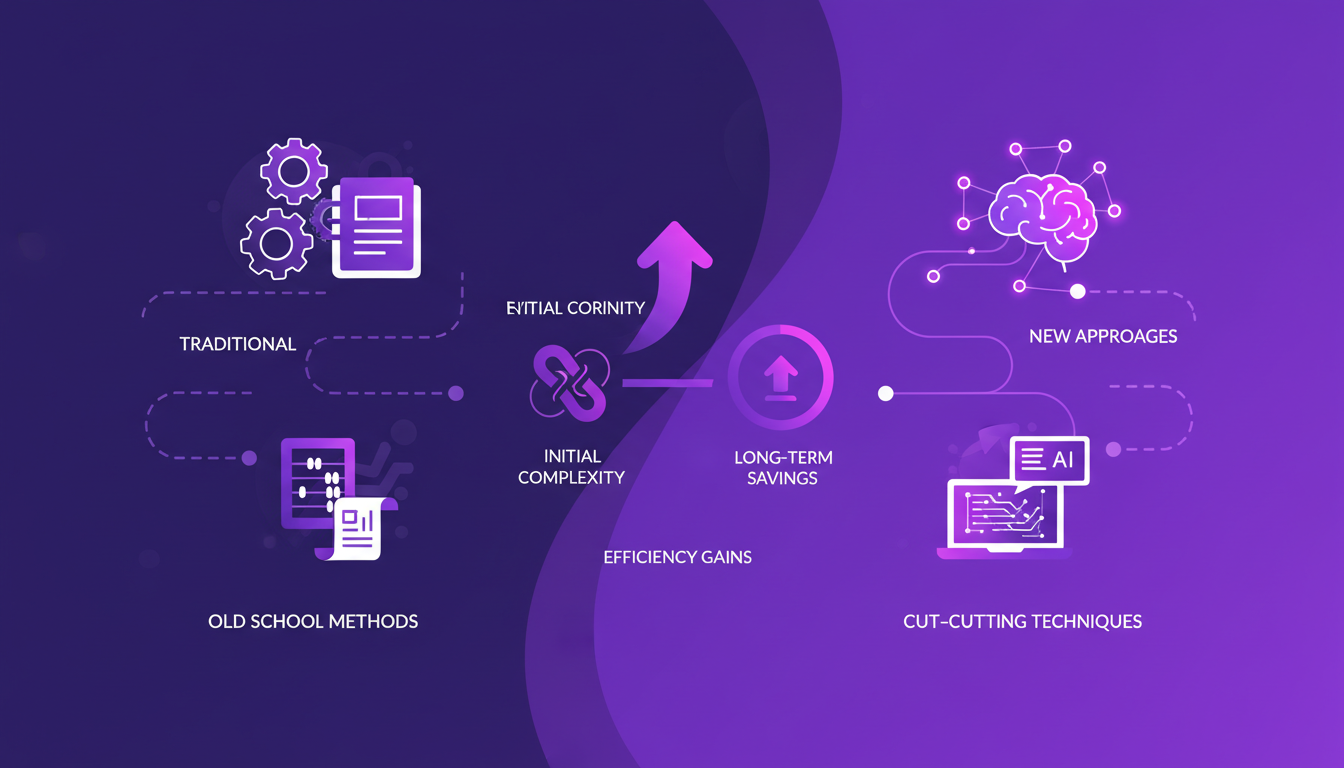 Modern illustration comparing traditional and new AI approaches, featuring geometric shapes and indigo-violet gradients.
