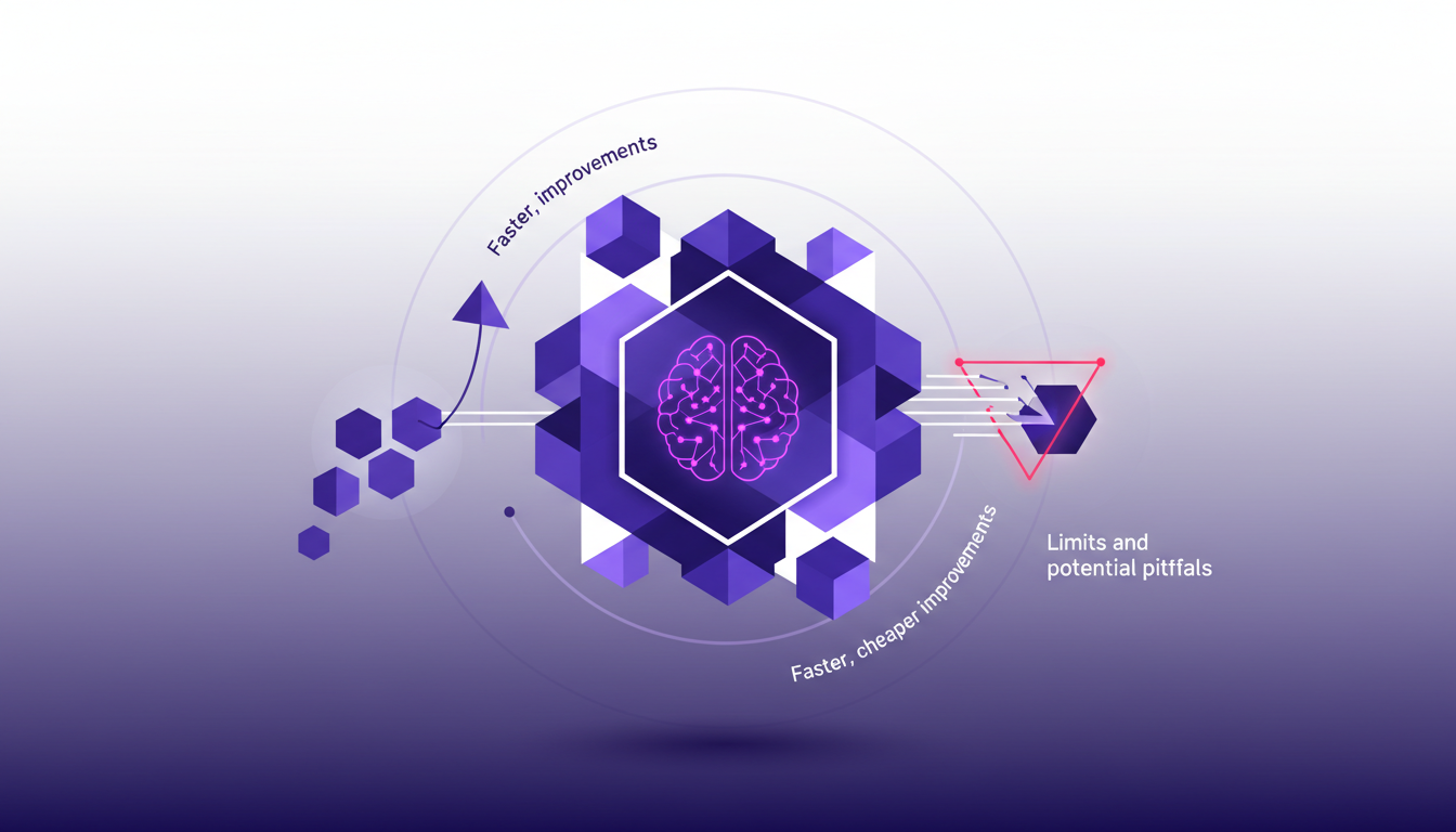 Modern illustration on AI efficiency innovations, featuring geometric shapes and gradients, with indigo and violet color palette.