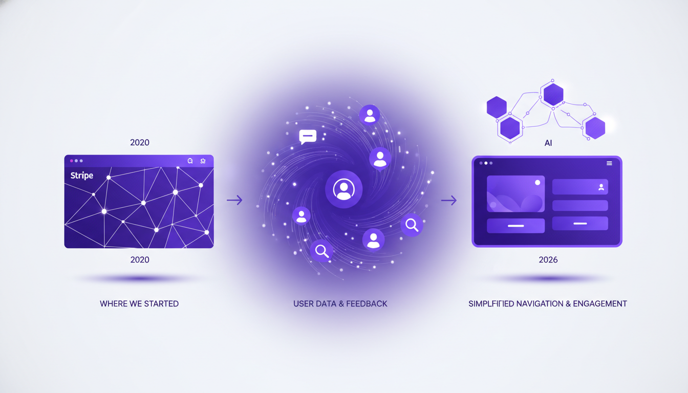 Illustration moderne de la refonte de la page d'accueil Stripe, débutant en 2020, avec formes géométriques et dégradés violets.