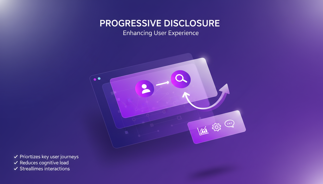 Illustration moderne de la divulgation progressive pour améliorer l'UX, avec des formes géométriques et des couleurs indigo et violet.